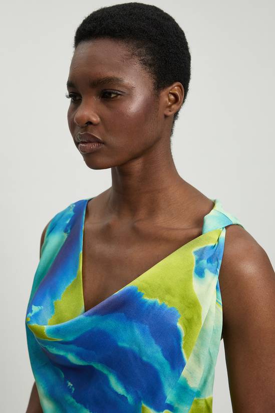 Women's Aqua Abstract Twist Shoulder Satin Viscose Midi Dress