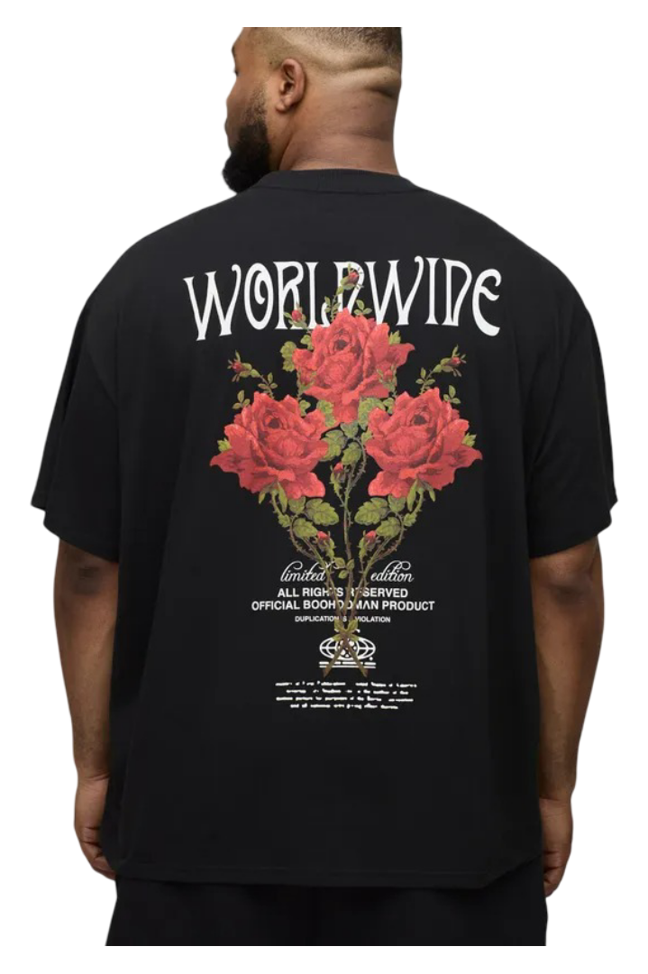 BoohooMan: Oversized Extended Neck Worldwide Floral Print T-Shirt (Black)