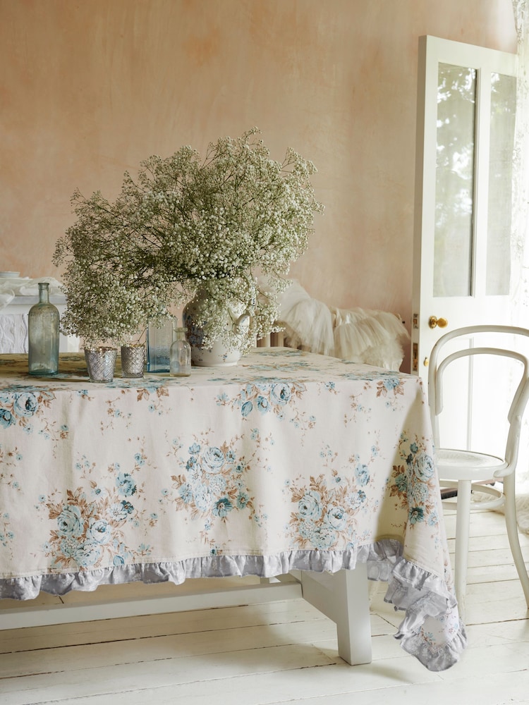 Shabby Chic by Rachel Ashwell: Blue Floral 100% Cotton Ruffle Trim Table Cloth
