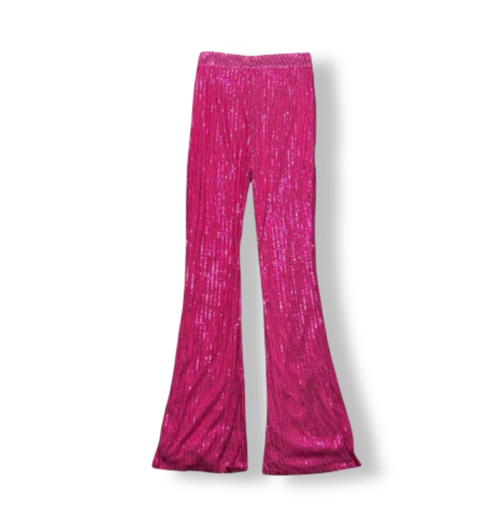 NWT: Women's High Waisted Sequin Flare Pants (Hot Pink)
