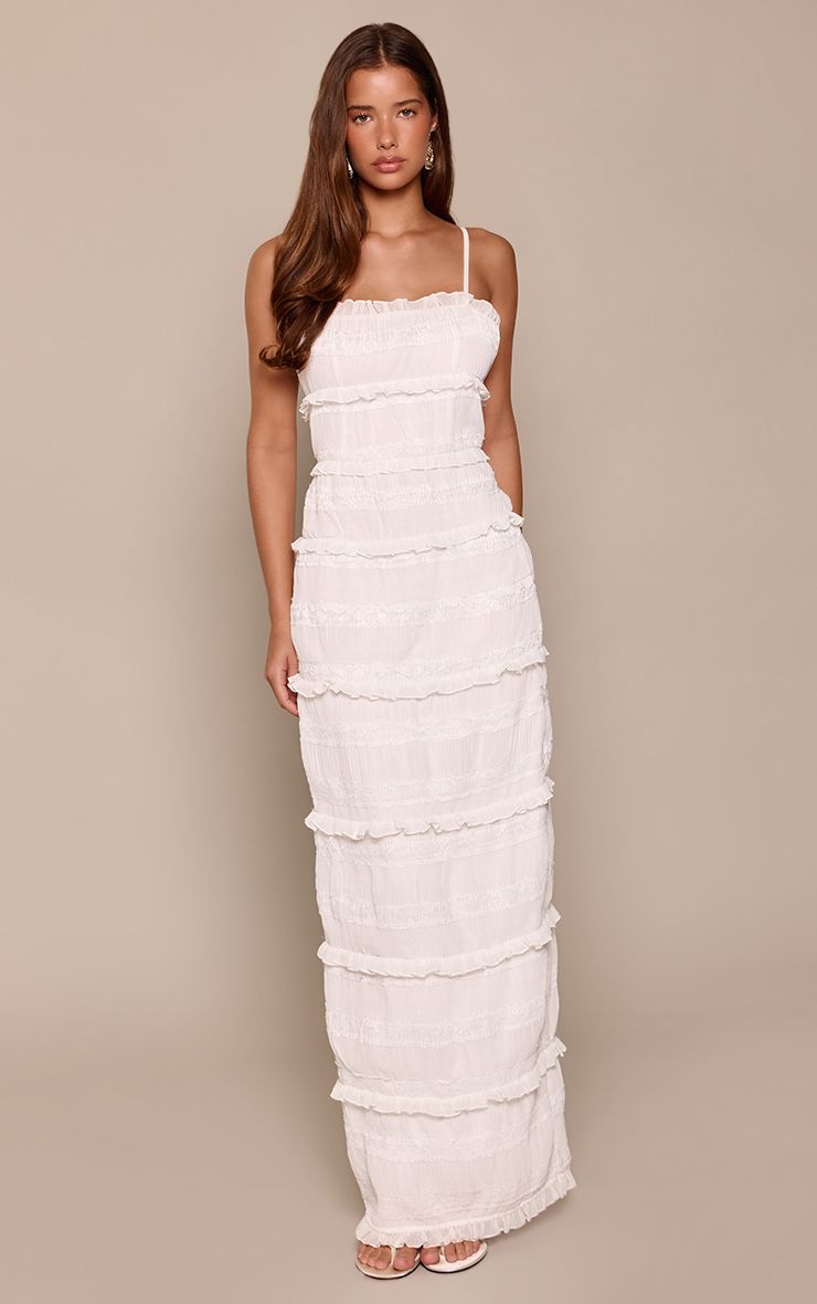 Women's White Textured Frill Strappy Maxi Dress
