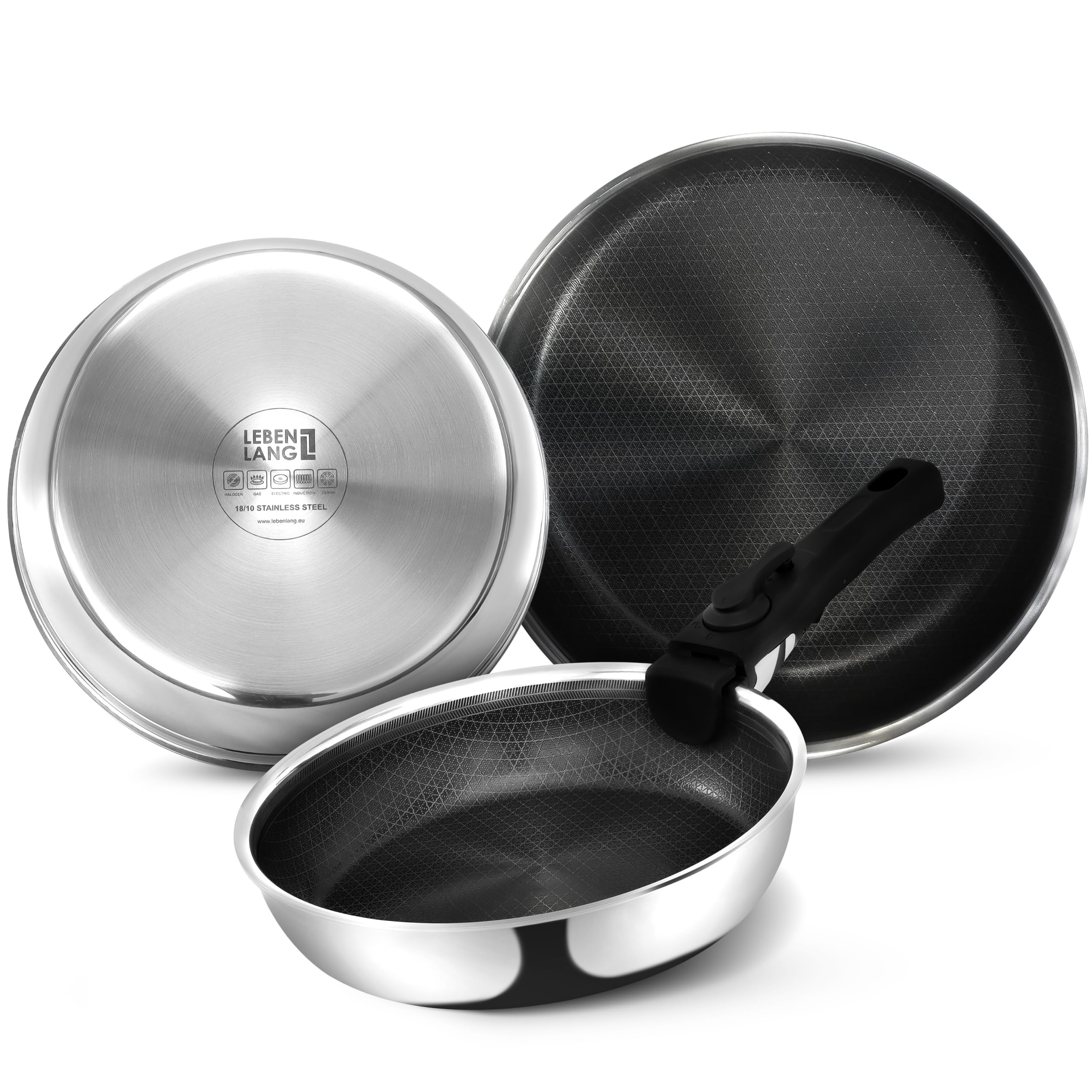 LEBENLANG: Cooking Pan Set with Removable Handle (4-Piece: 22/24/28cm)