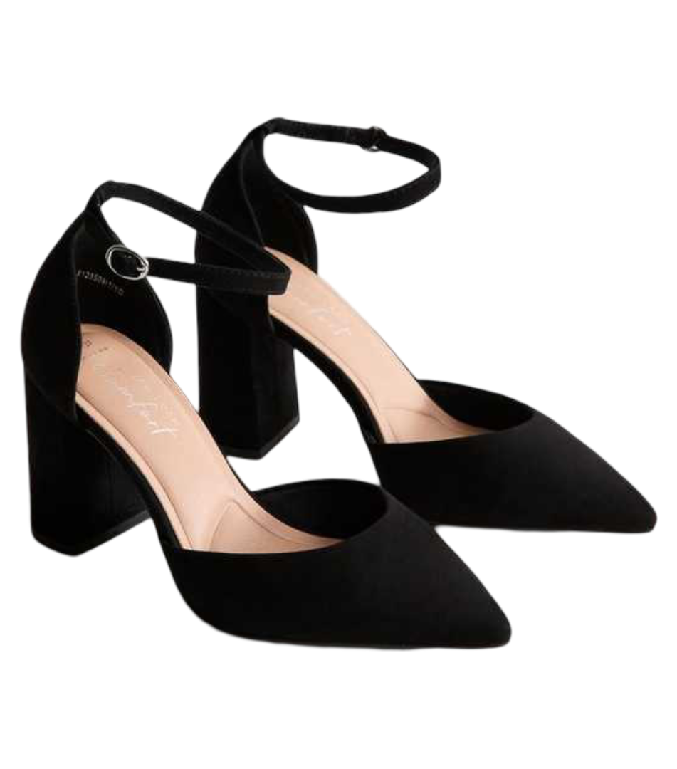 Wide Fit Faux Suede Open Court Shoes (Black)