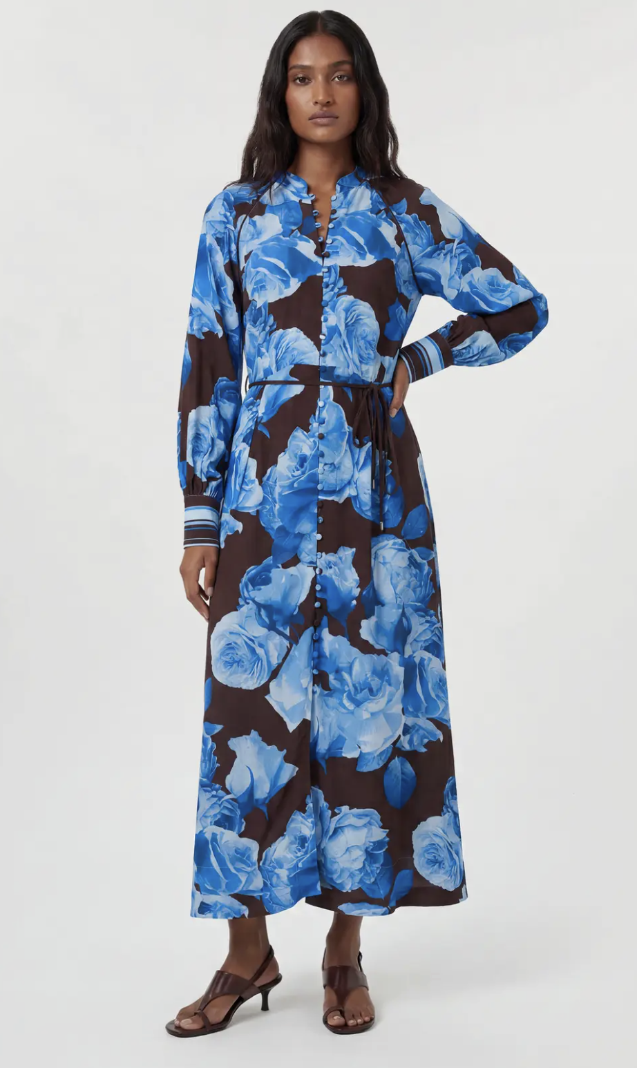 Women's Viscose Woven Stripe Midi Shirt Dress (Blue Floral)