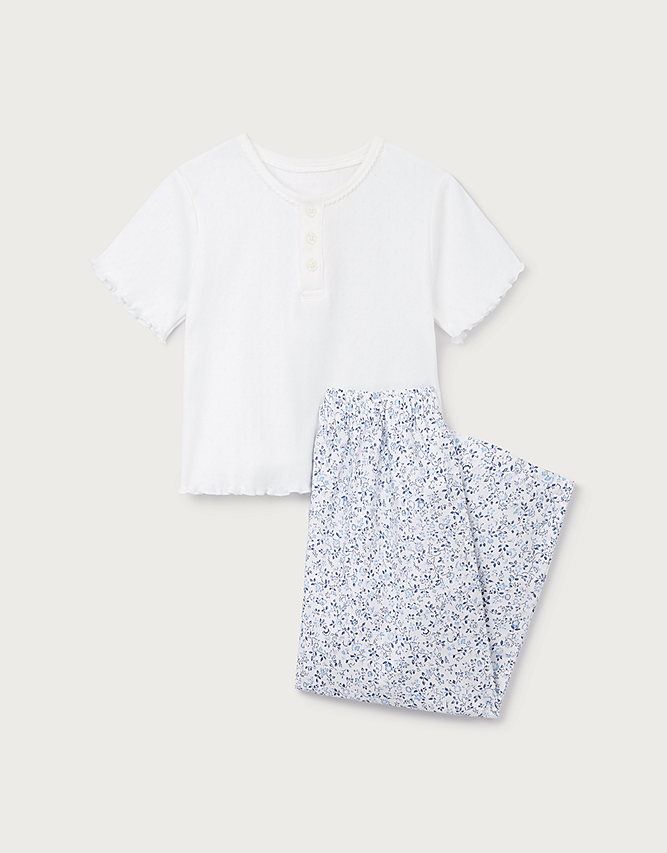 Kids' Clementine Organic Cotton Blend Floral Balloon Leg Pyjamas (White/Blue)