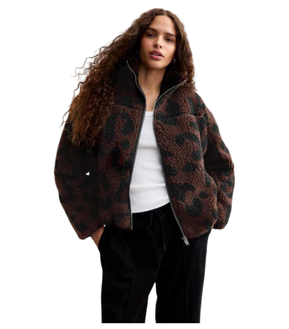 Animal Print Zip Up Borg Jacket (Dark Brown)