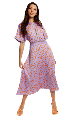 Liquorish: Cheetah Print Midi Dress With Mesh Detailing (Lilac And Orange)