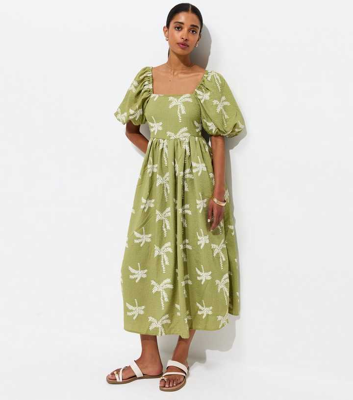 Women's Embroidered Palm Tree Puff Sleeve Midi Dress (Green)