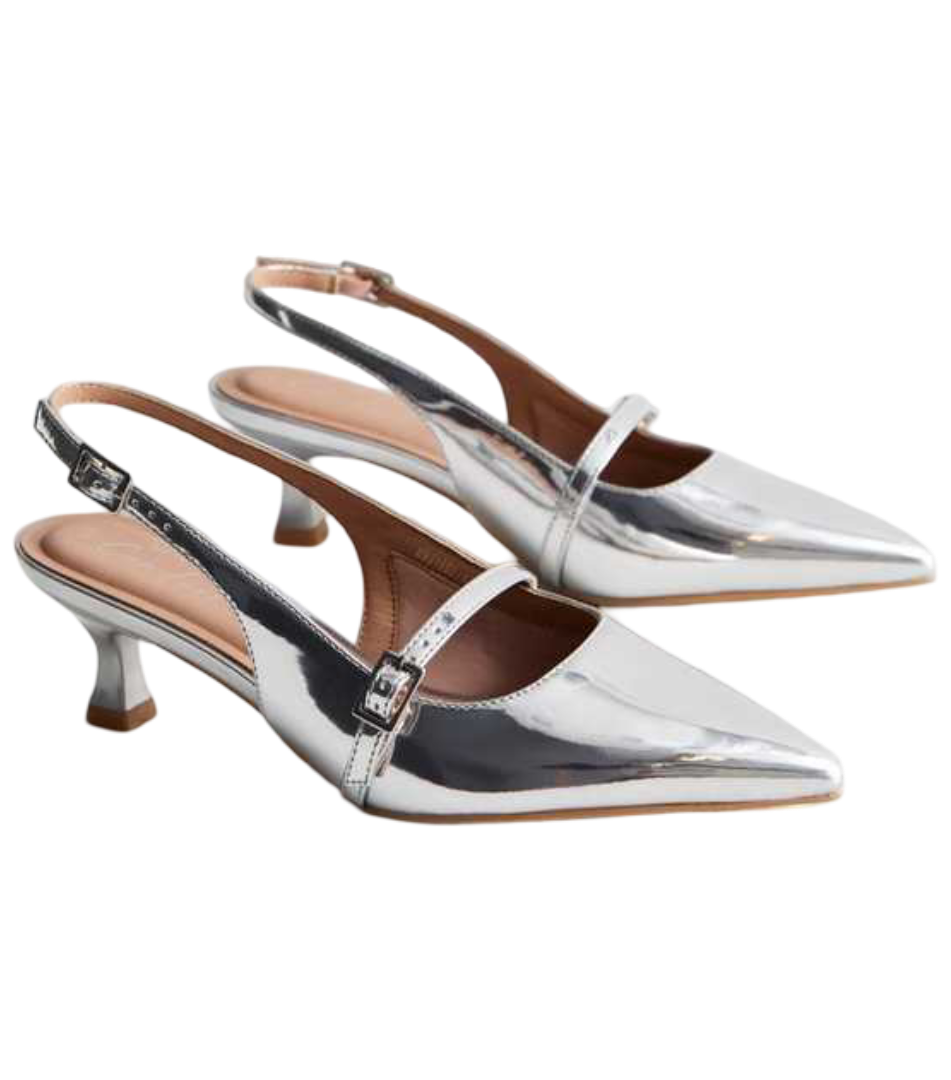 Slingback Kitten Heel Court Shoes (Silver)