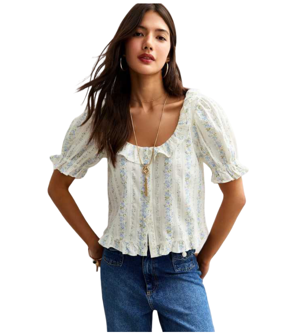 Floral Print Button Through Blouse (Blue)