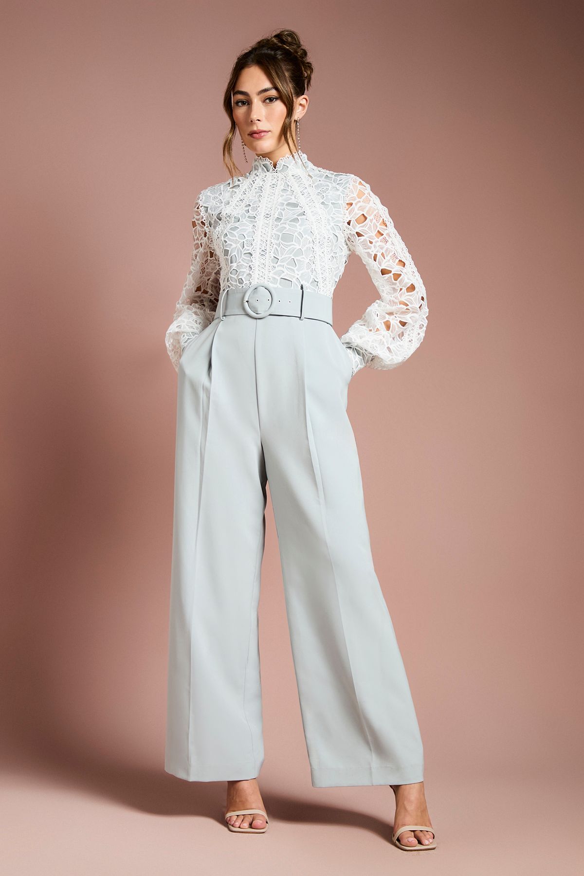 Women's Organza Lace Belted Long Sleeve Jumpsuit (Sage)