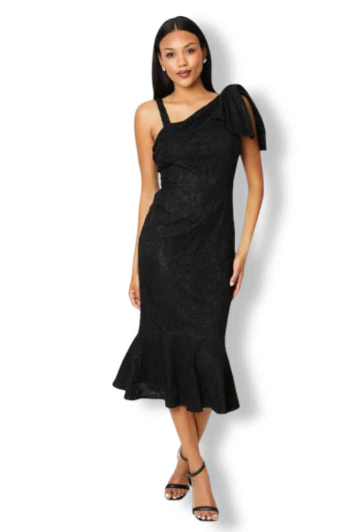 Women's One Shoulder Lace Midi Dress (Black)