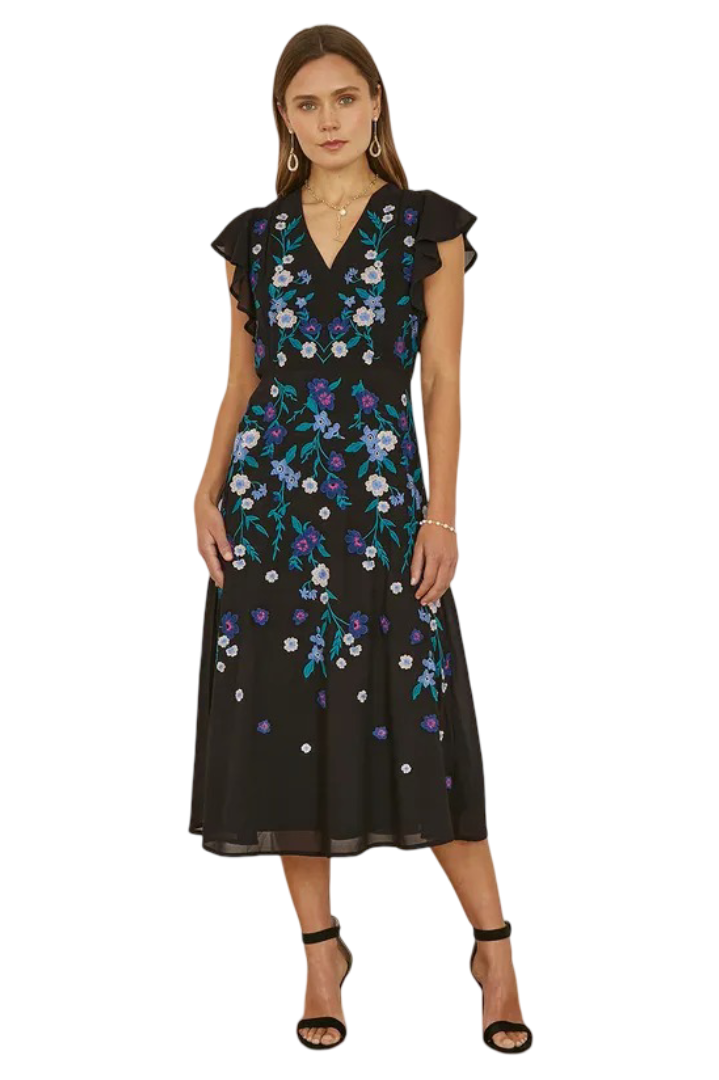 Yumi: All Over Floral Embroidery Midi Skater Dress (Black)