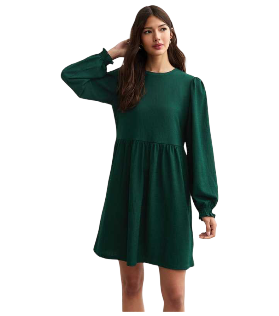 Crinkle Long Sleeve Mini Smock Dress (Green)