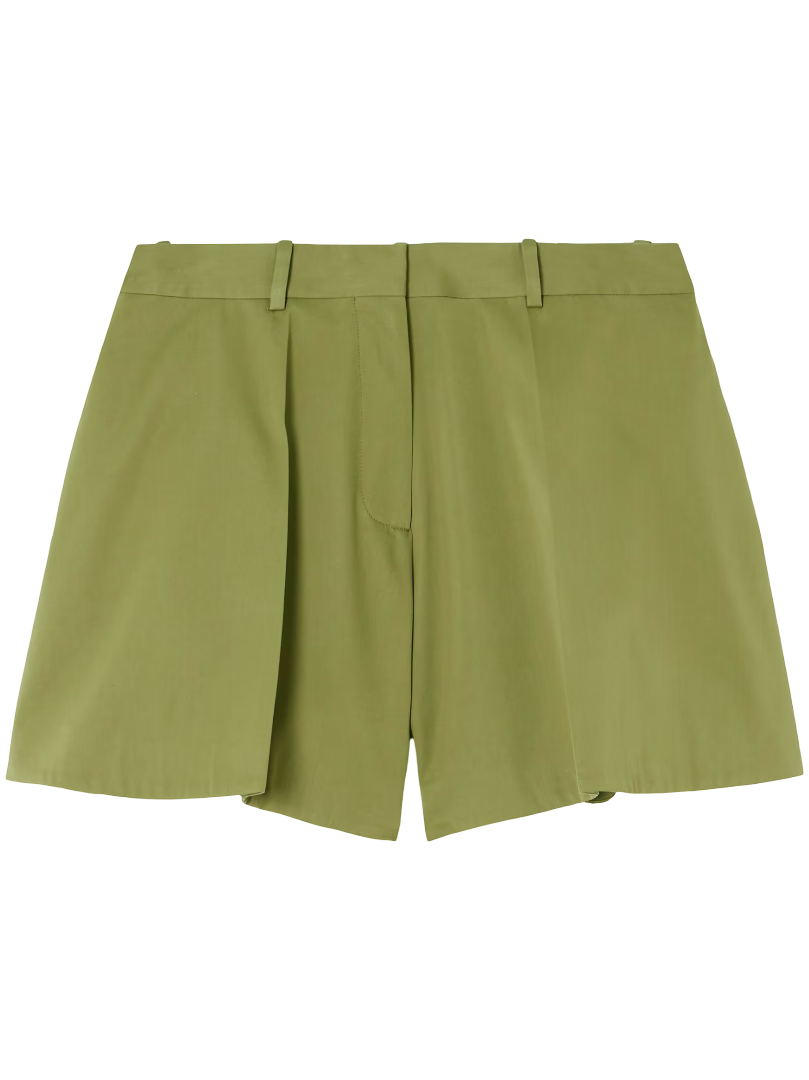 Loewe: Pleated Cotton & Silk Blend Sateen Shorts (Green)