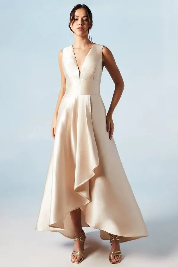 Women's Coast: Honoured Sleeveless Plunge Waterfall Twill Maxi Bridesmaid Dress (Champagne)