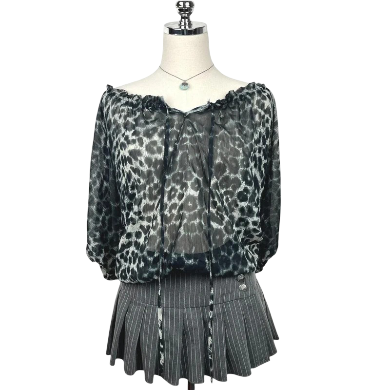 Antilia Femme: Sheer Leopard Blouse Flowing Oversized Fit (Black/Grey)