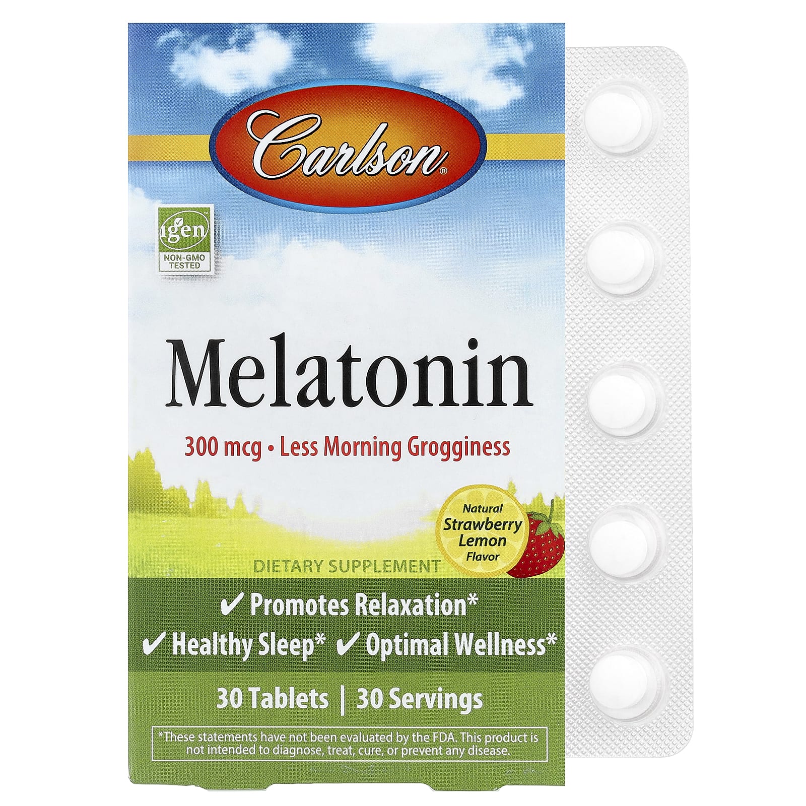 Carlson: Melatonin Natural Strawberry Lemon (300 mcg, 30 Tablets)