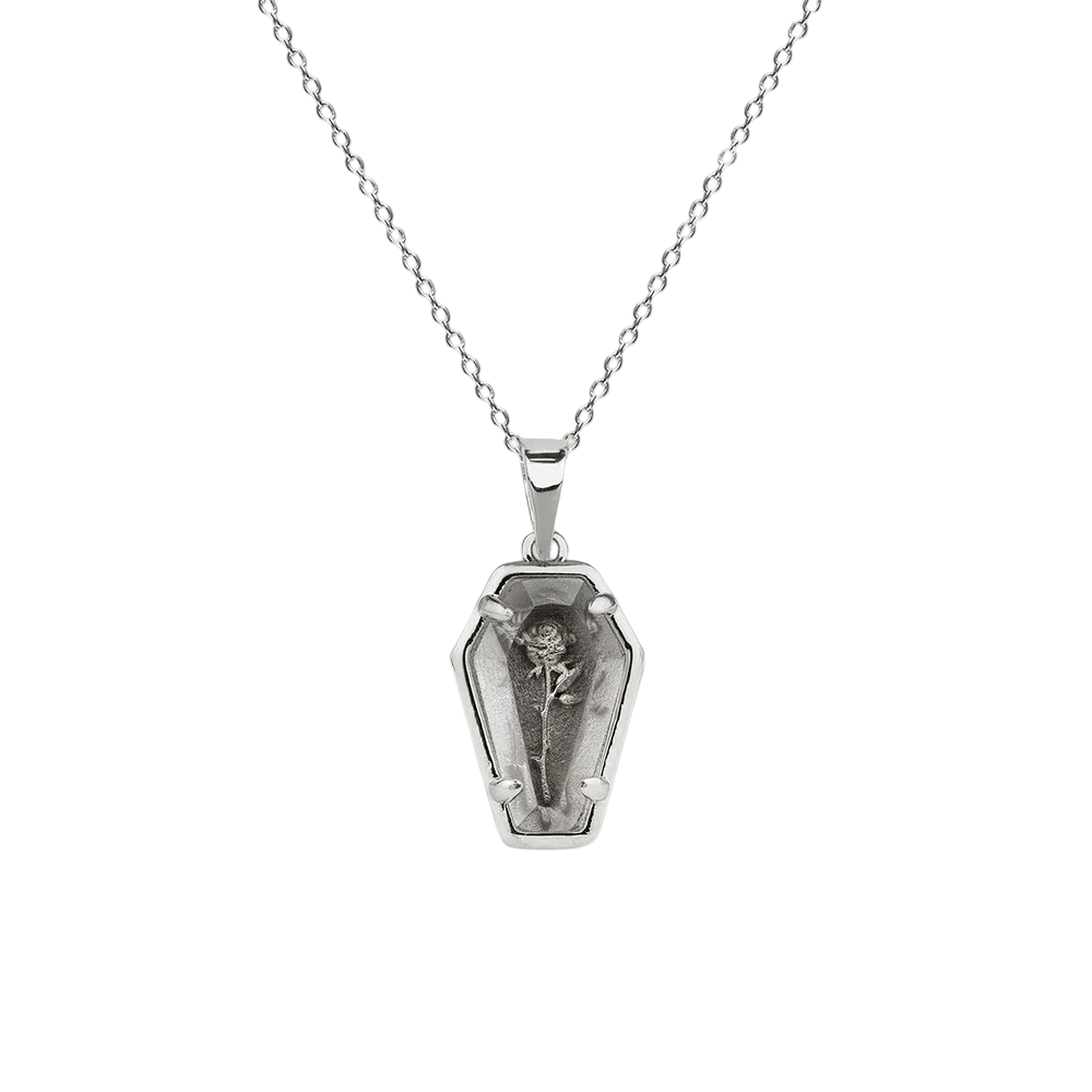 Silver Rebirth Rose Under Glass Coffin Necklace