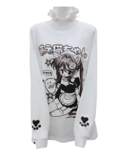 Jirai Kei: Pure Cotton Long-sleeved T-shirt (White/Black)