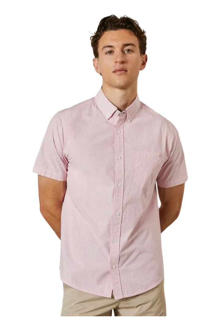 Maine: Fine Stripe Short Sleeve Shirt (Pink)