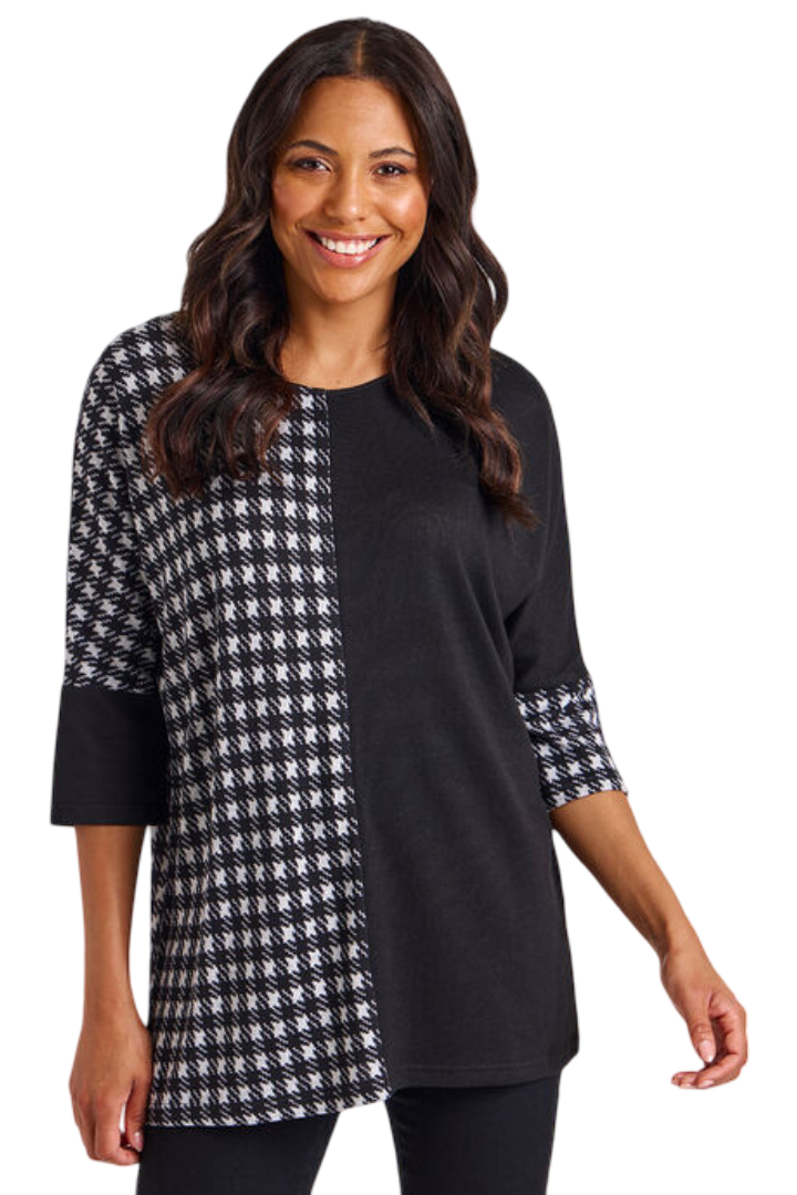 3/4 Sleeve Dogtooth Colour Block Tunic (Black)