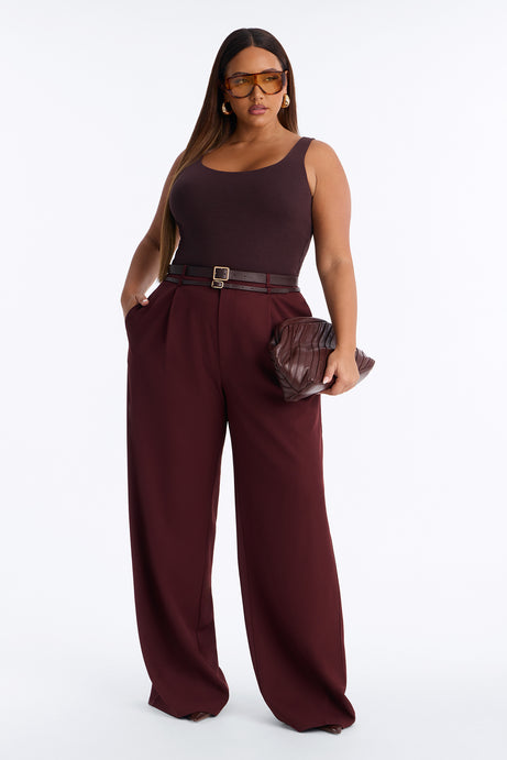 Women's Belted Wide Leg Trousers (Wine)