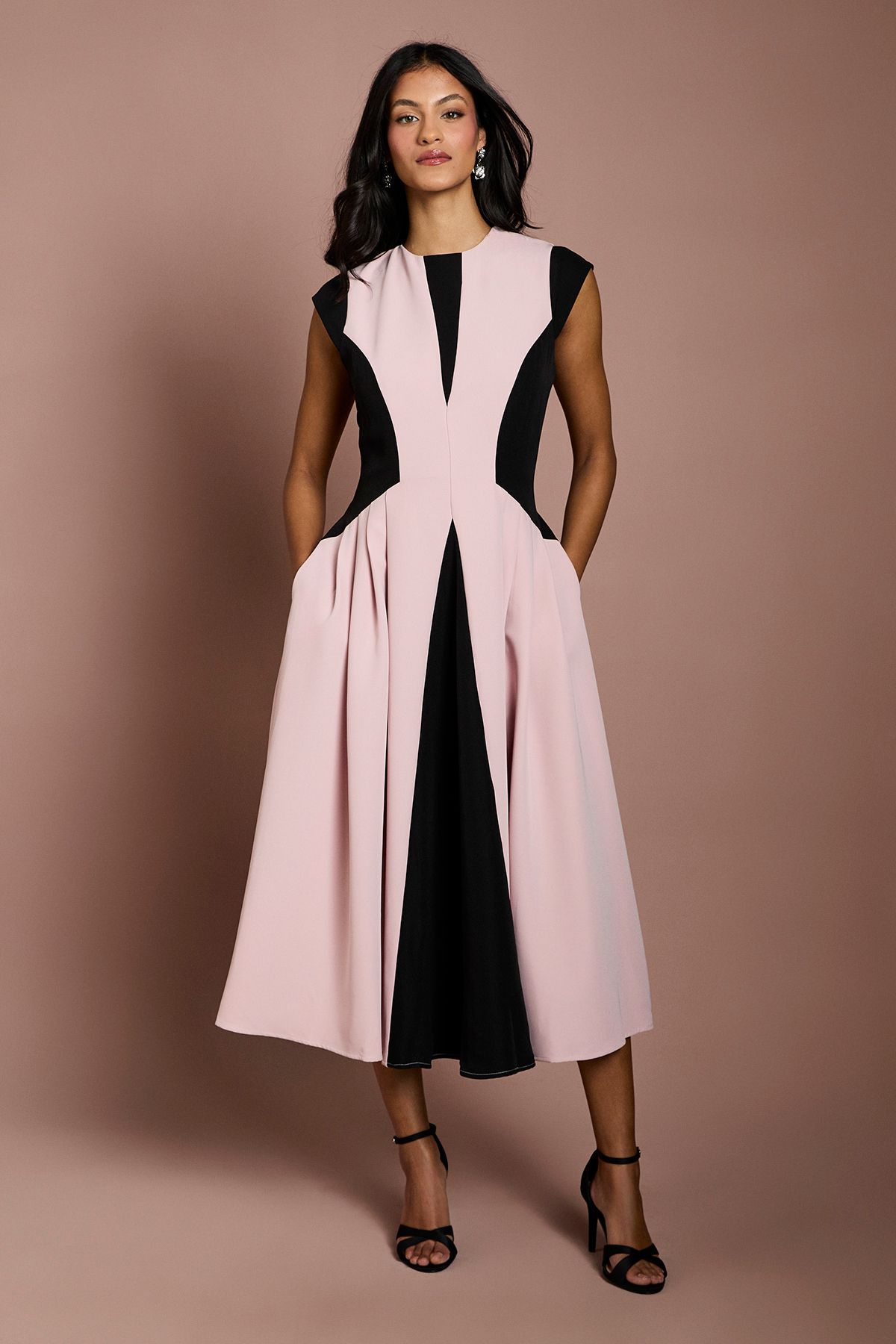 Women's Petite Crepe Colour Block Midi Dress (Blush)