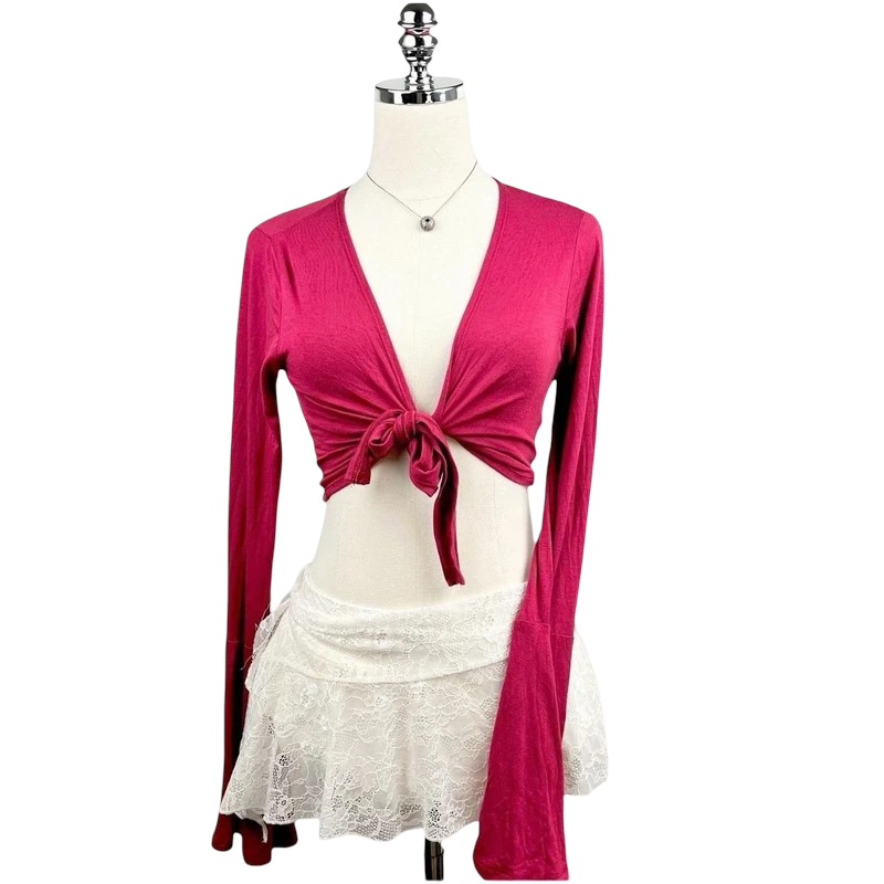 Sky and Sparrow: Y2K Retro Bell Sleeve Tie Blouse (Burgundy)
