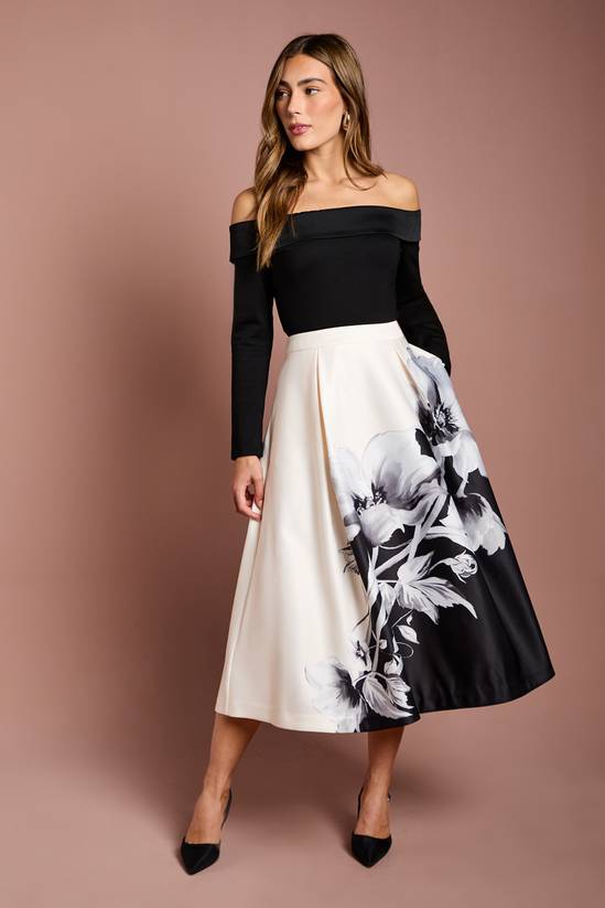 Women's Coast Satin Midi Skirt With Placement Print (Black)
