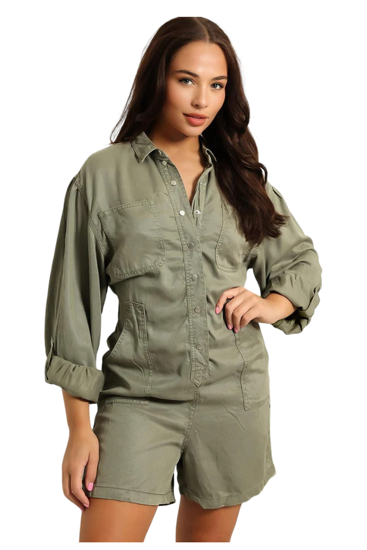 Women's Thin Denim Popper Button Playsuit (Olive)