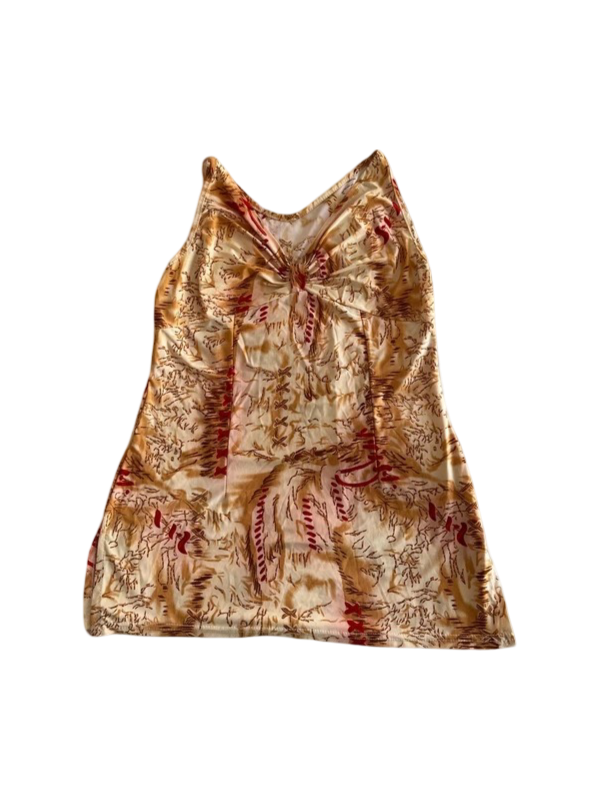 Y2K: Satin Style Long Cami Top Ruched Bust (Brown Beige Abstract)