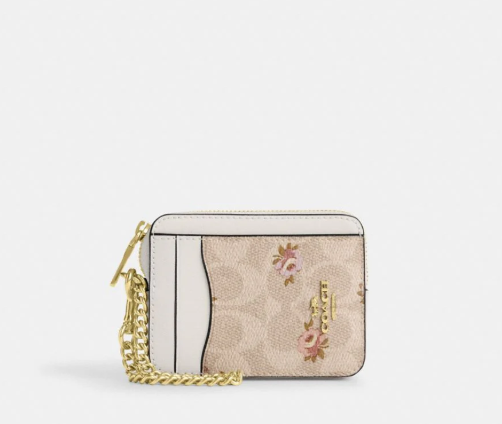 Zip Card Case In Signature Canvas With Floral Print (Gold/Sand Multi)