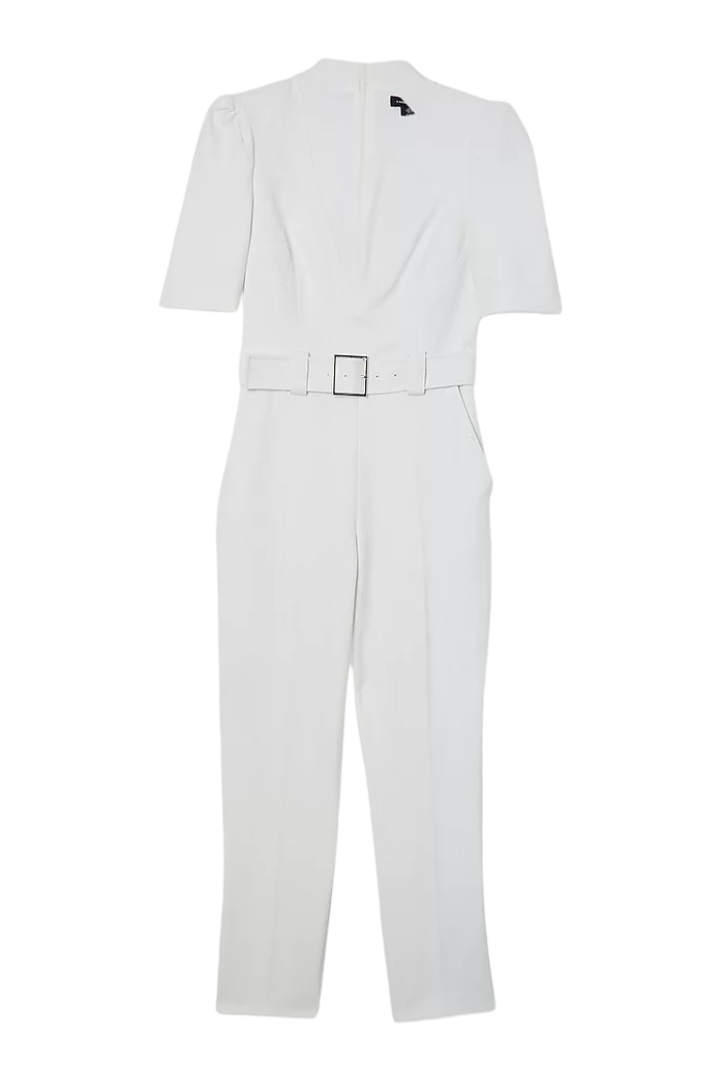 Petite Structured Crepe Forever Belted Jumpsuit (Ivory)