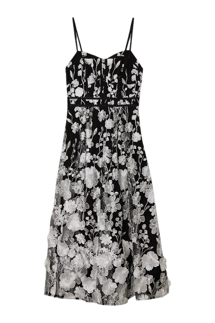 Petite Floral Applique Corset Detail Woven Midi Dress (Mono)