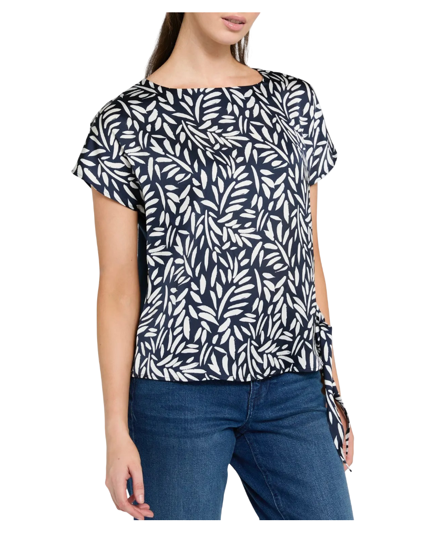 Printed Tie Side Short-Sleeved Jersey Top (Navy)