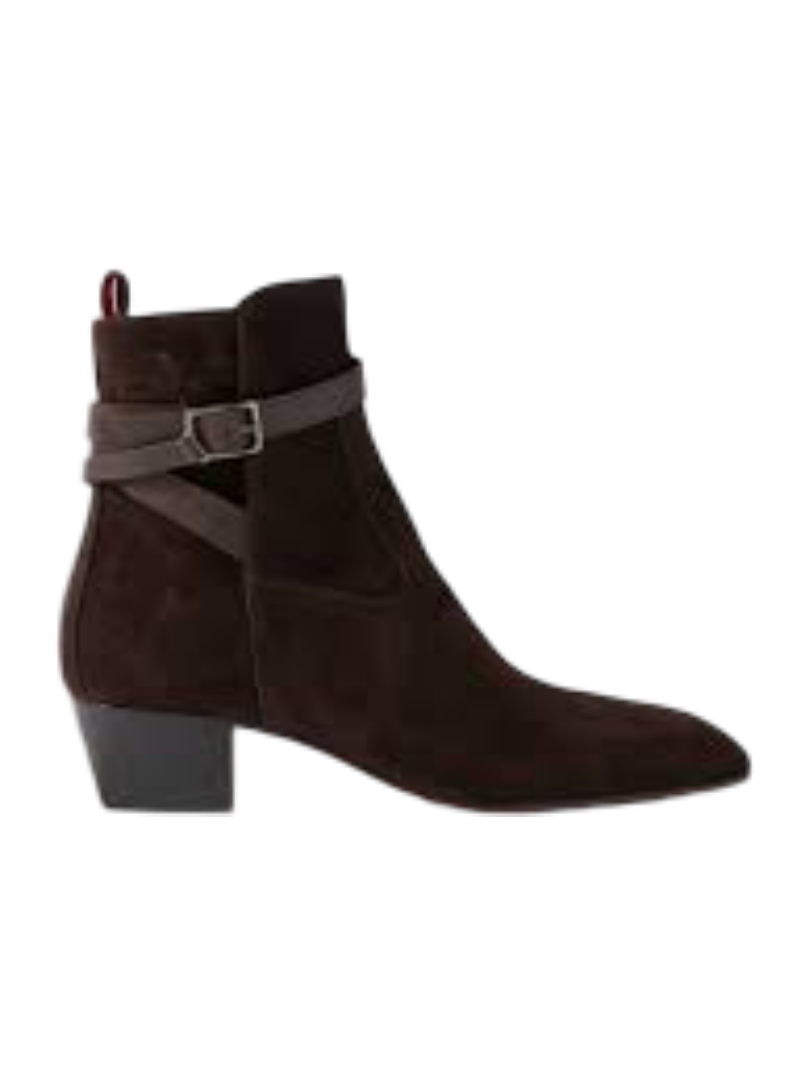 Christian Louboutin: Rosalio Jodhpur Buckled Leather-Trimmed Suede Chelsea Boots (Chocolate)