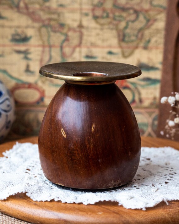 Vintage Mid-Century Teak & Brass Candle Holder