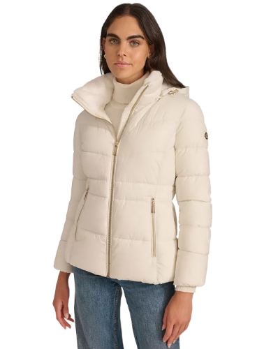 Calvin Klein: Petite Faux-Fur-Lined Hooded Puffer Coat (Eggshell)
