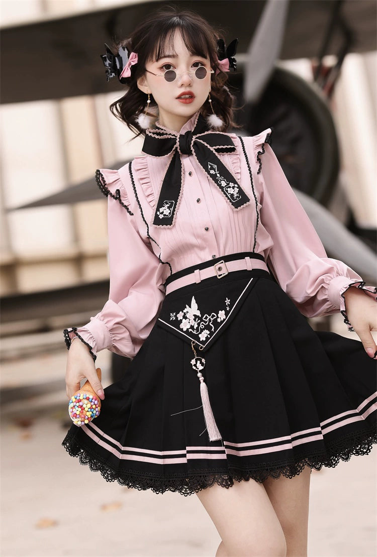 Jirai Kei: Blouse & Skirt Set With Hairclip (Black/Pink)