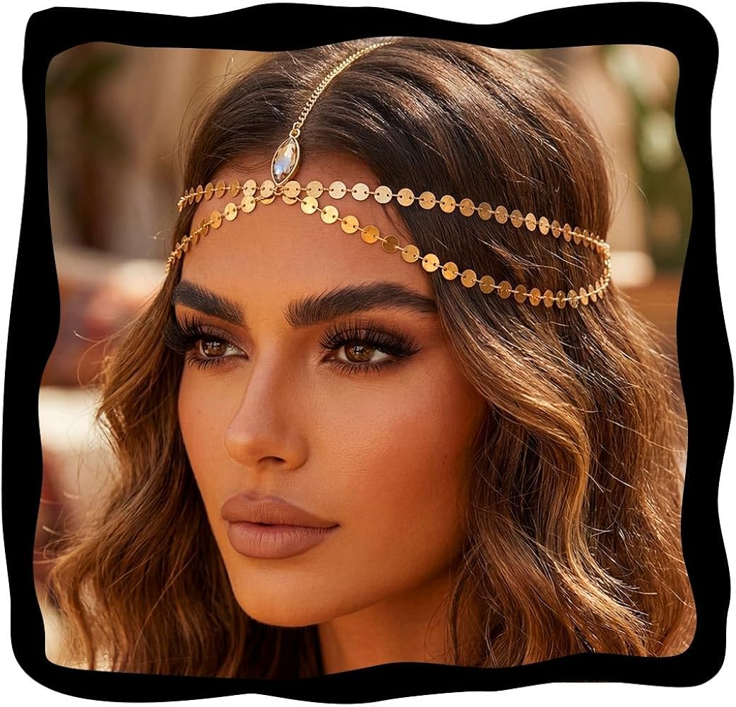 Aukmla: Women's Boho Sequins Head Chain Festival Headpiece (Gold)
