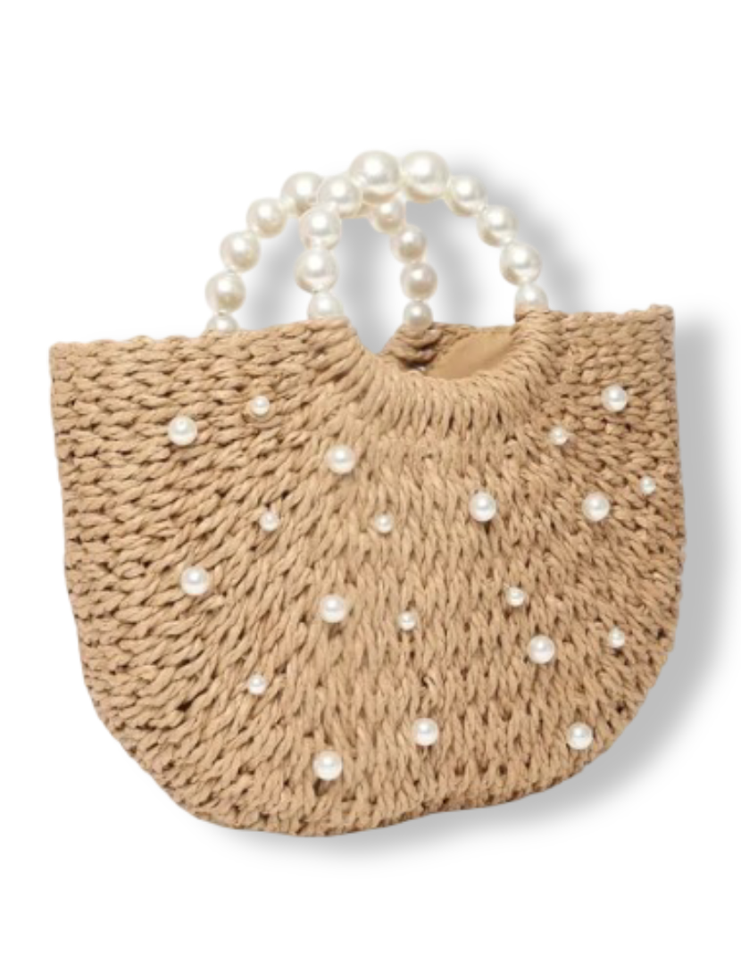Women's Brown Pearl Raffia Bag