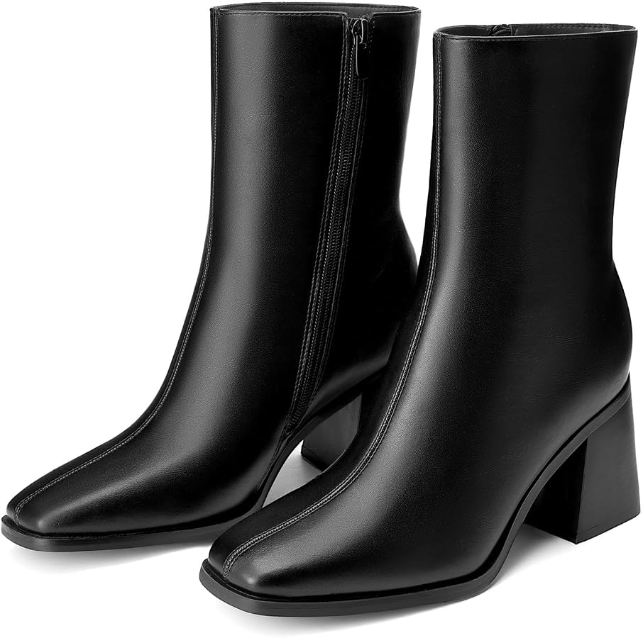 Leather Block Heel Chisel Toe Ankle Boots (Black)