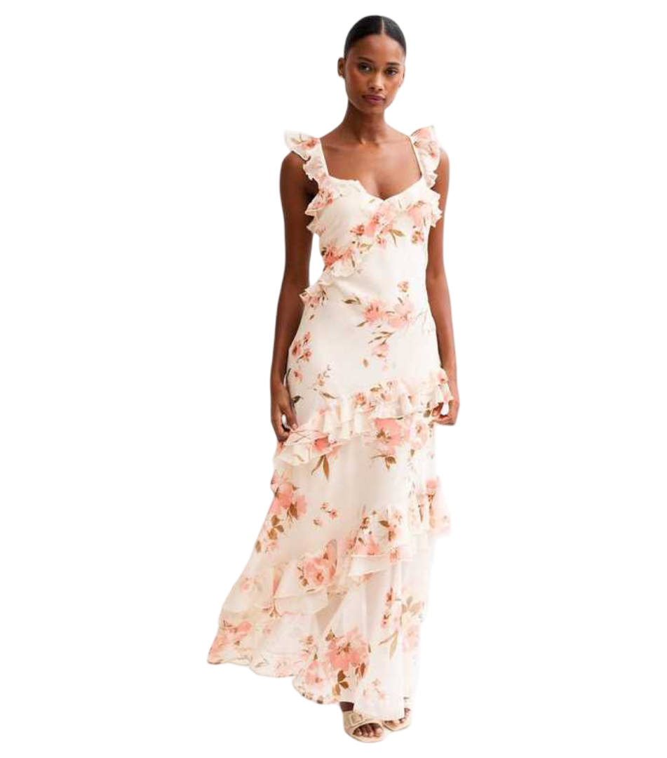 Vintage Floral Print Chiffon Maxi Dress (Cream)