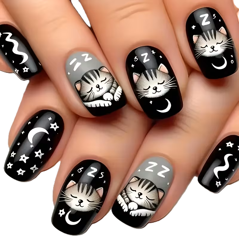 Press-on Fake Nails: Cat Moon Stars (24pcs)