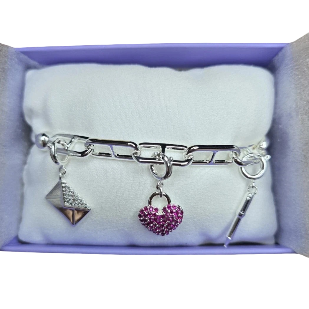 Charmelier by BP: Silver Plated Pink Cubic Zirconia Heart Charm Bracelet