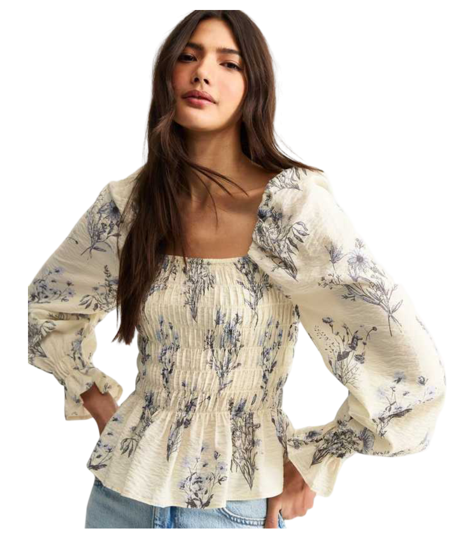 Floral Print Shirred Top (Off White)
