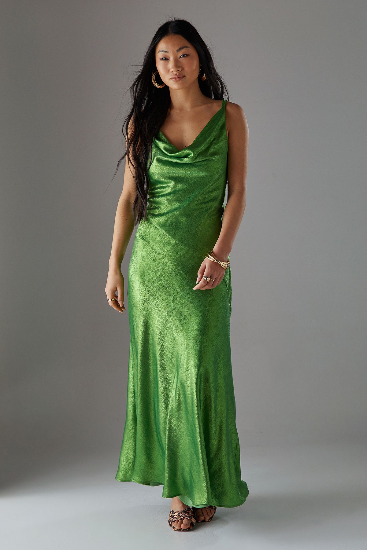 Women's Warehouse Petite Metallic Lame Cowl Neck Maxi Dress (Green)
