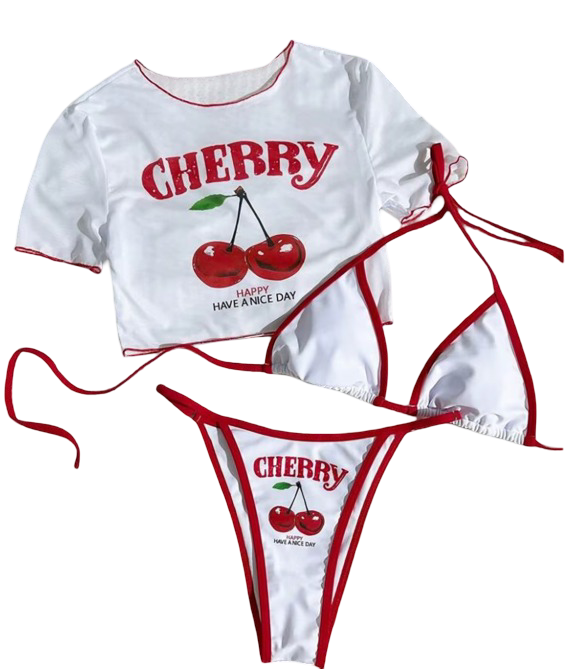 Cherry Printed Short Sleeve Bikini