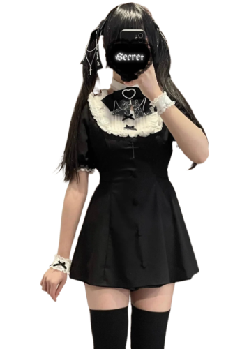 Jirai Kei: Lace Knot Bow Short Sleeve Dress Set (Wine Red)